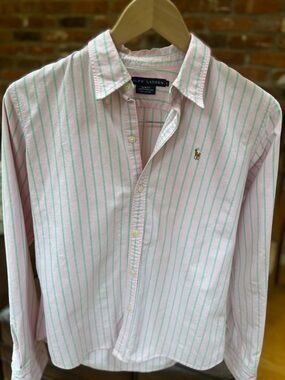 Ralph Lauren Slim Fit Pink & Green Striped Button Down Shirt Size 8